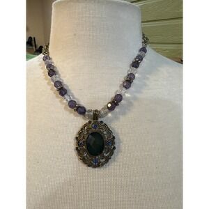 1928 Jewelry Victorian Revival Beaded Necklace Purple Black Pendant Bronze Tone